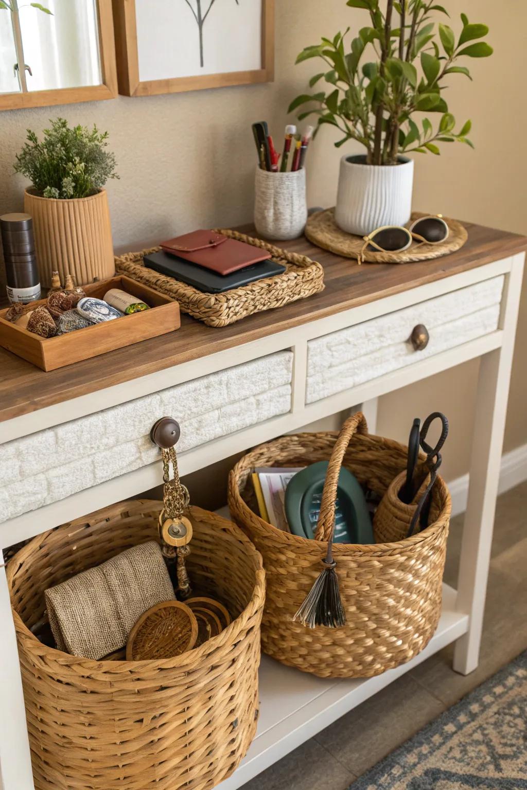 Wicker containers offer elegant storage options for your entry area.