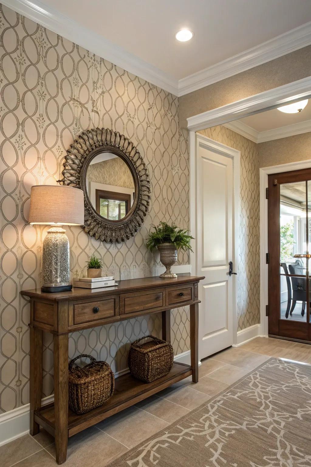 An elegant entryway showcases textured neutral wallpaper, fostering a calming environment.
