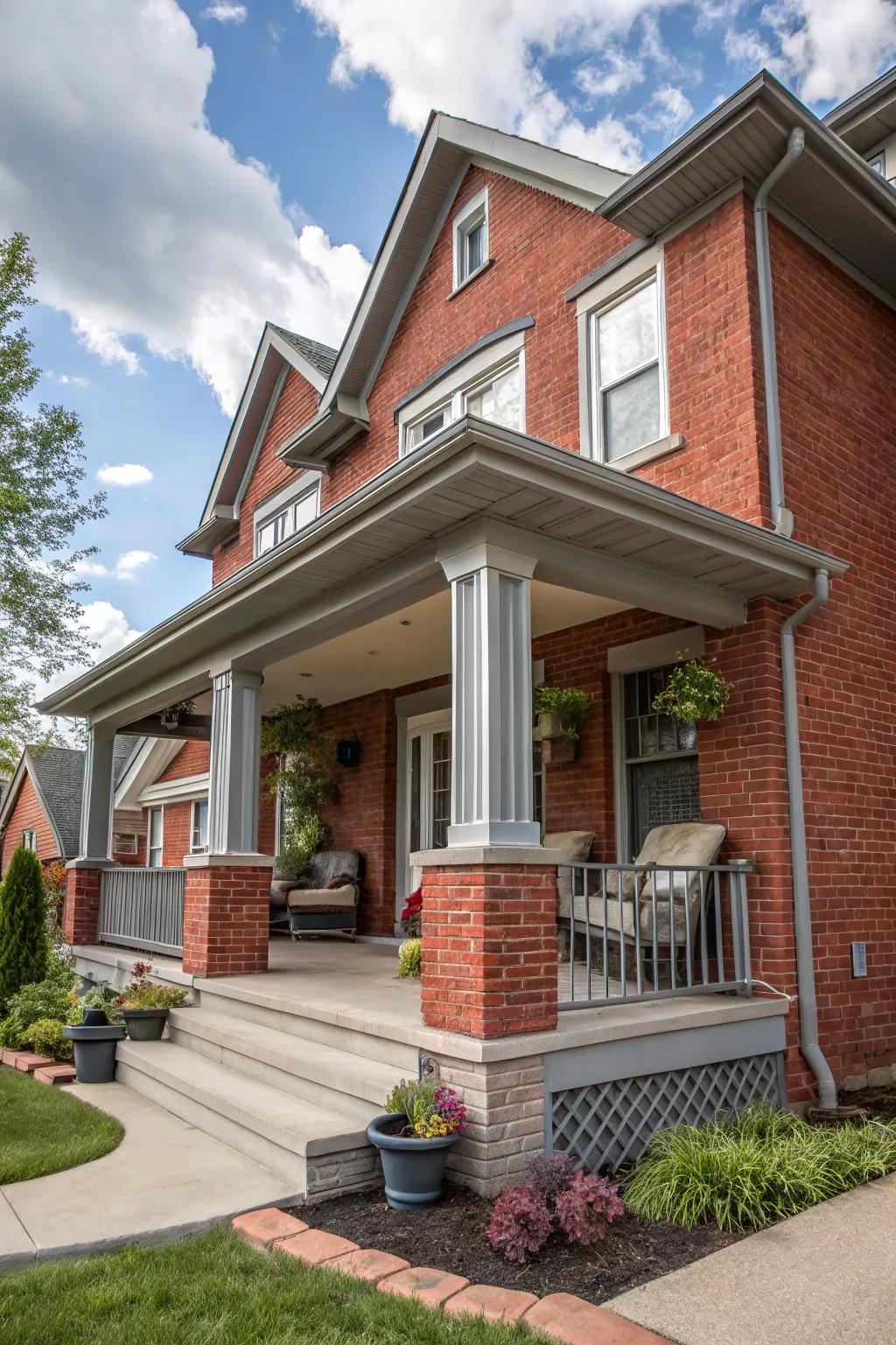 Gentle gray tones bring harmony to crimson brick.