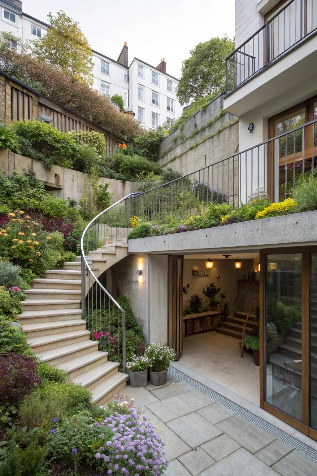A layered terrace with steps joining the basement to the garden.