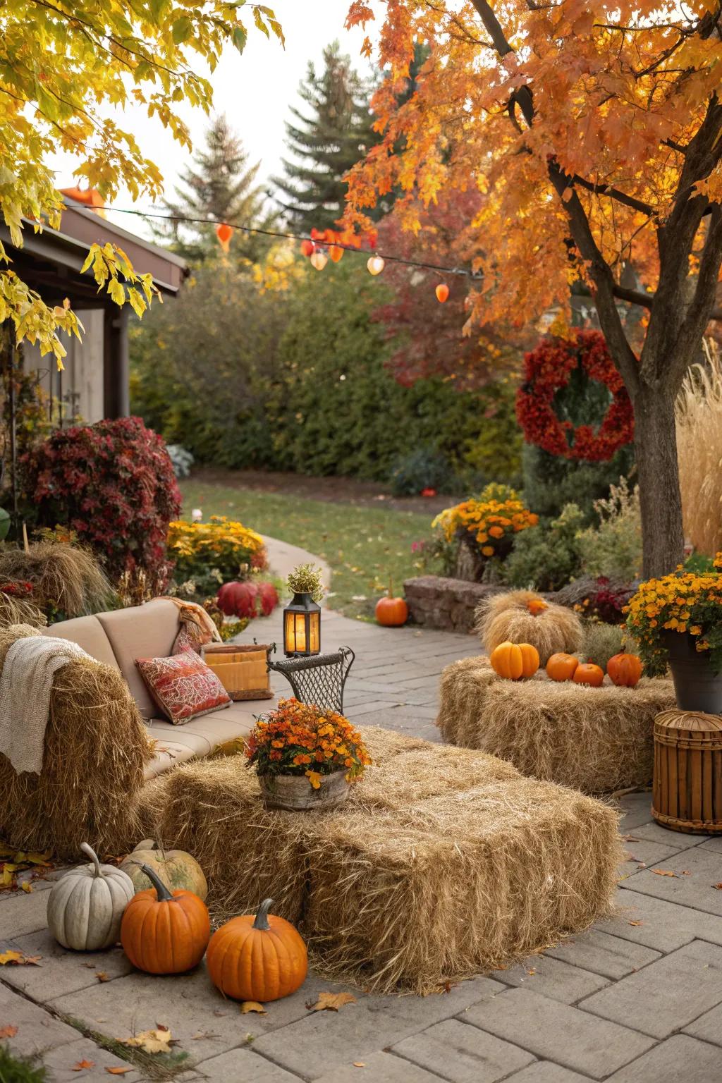 Hay bales create a down-to-earth seating space in an autumn garden.