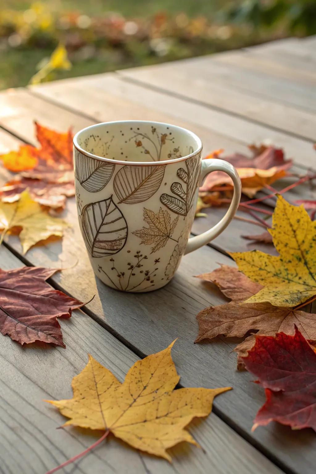 A cup featuring intricate leaf and foliage designs.