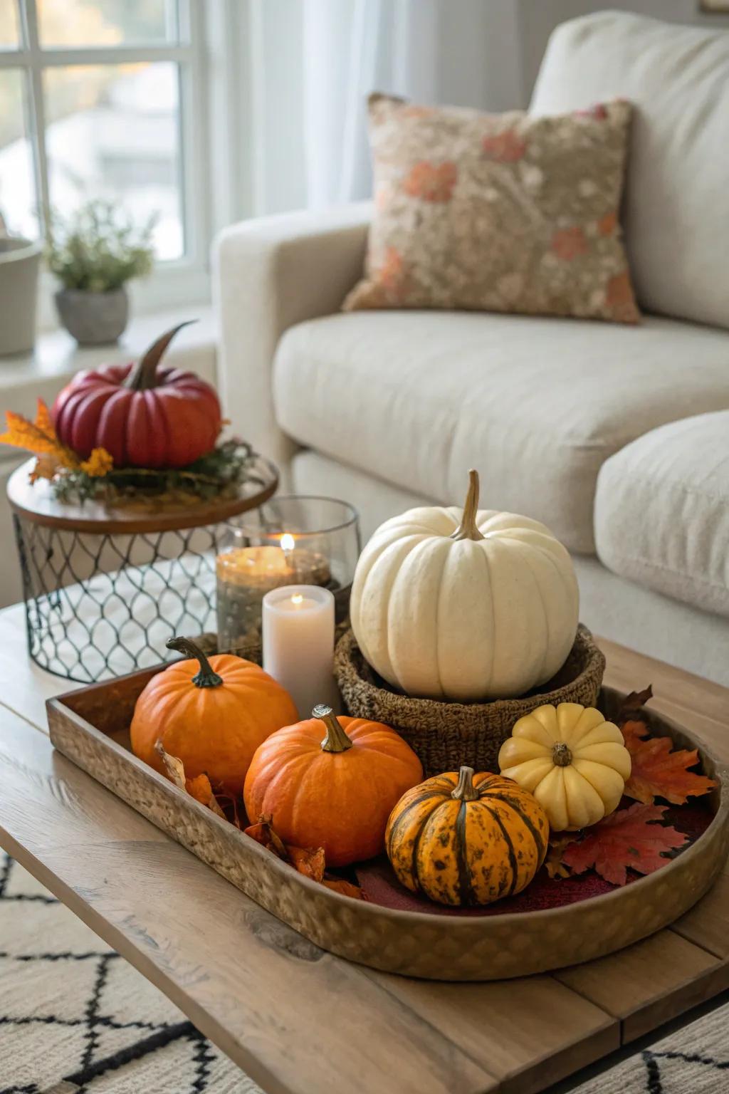 Pumpkins are an essential fall accent, ideal for incorporating an engaging and festive vibe within your home.