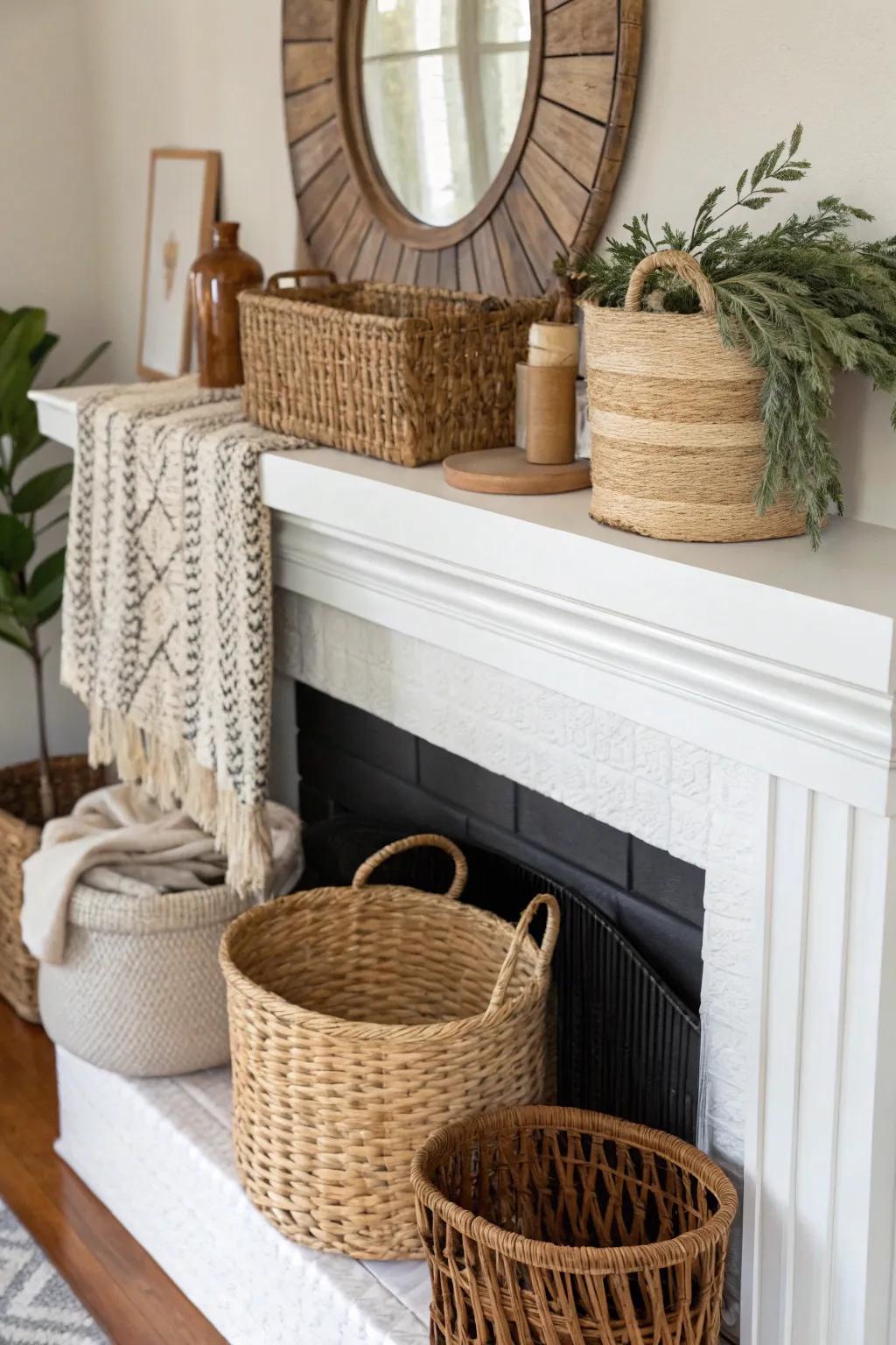 A mantel elevated by natural baskets and woven materials.