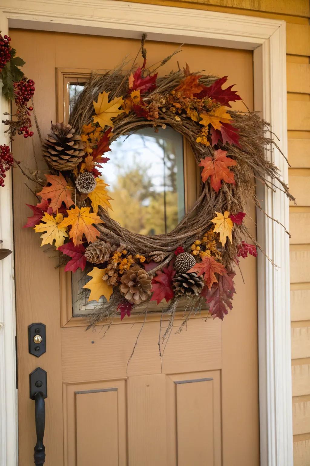 A welcoming wreath crafted from autumn's natural elements.