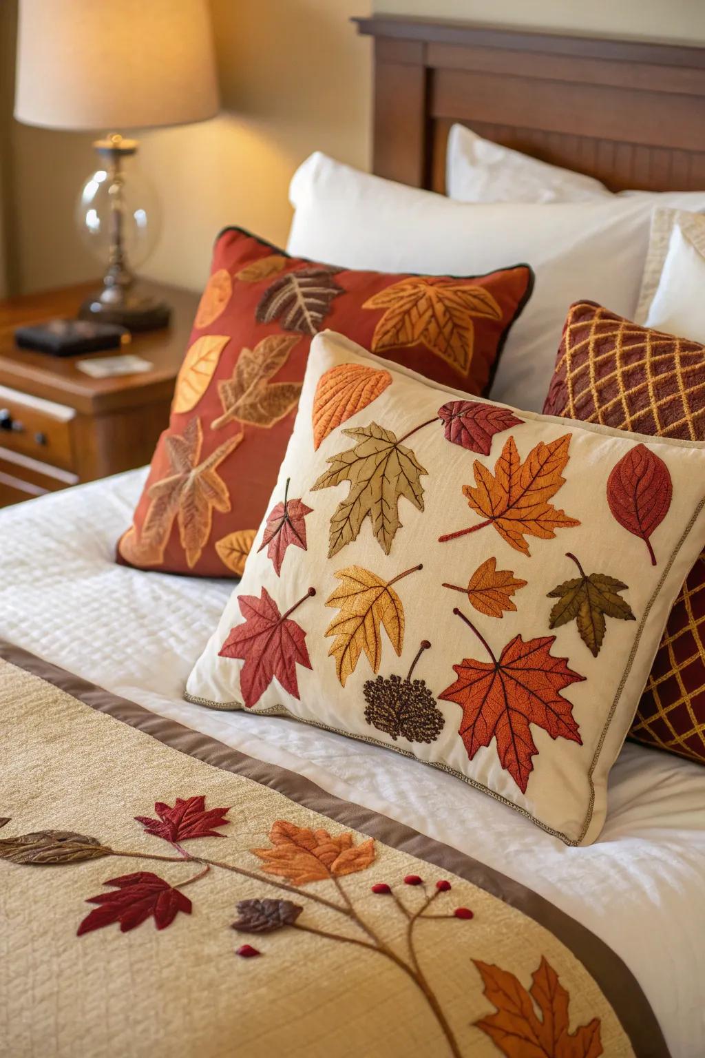 Decorative pillows add a touch of autumn flair.