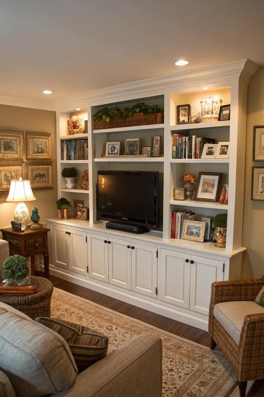 Open shelving provides space for decor and a seamless TV integration.