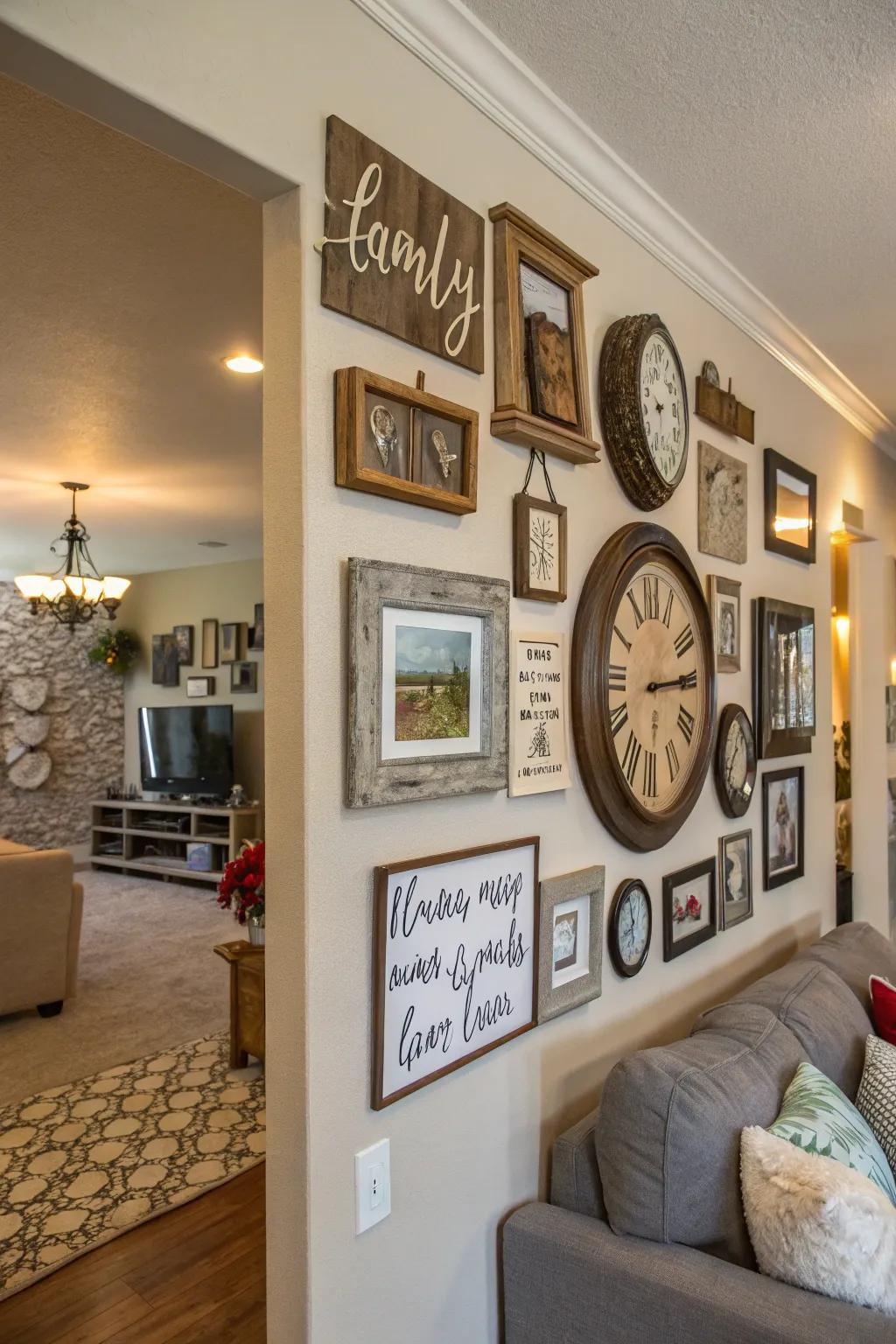An enchanting fusion of frames and decorative accents, resulting in an engaging family wall.