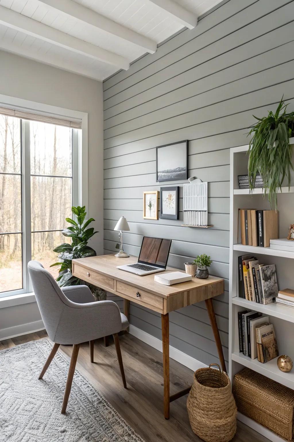 Painted wood batons deliver a contemporary farmhouse look.