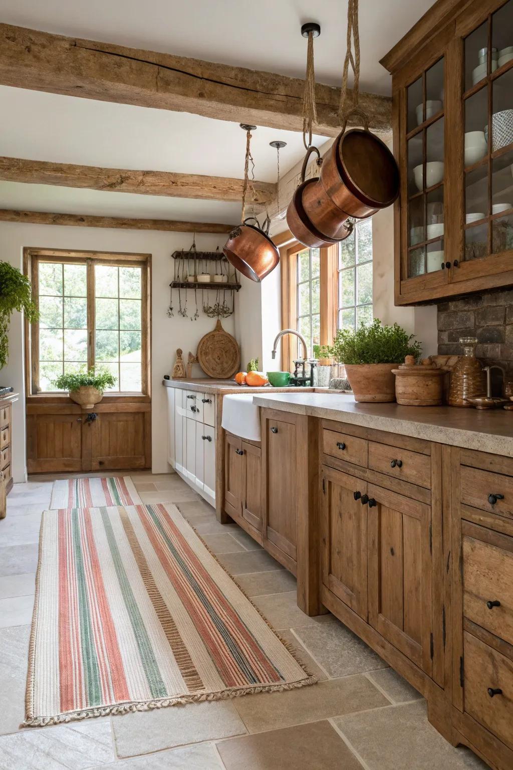 Striped rugs bring a relaxed, country feel to a farmhouse kitchen.