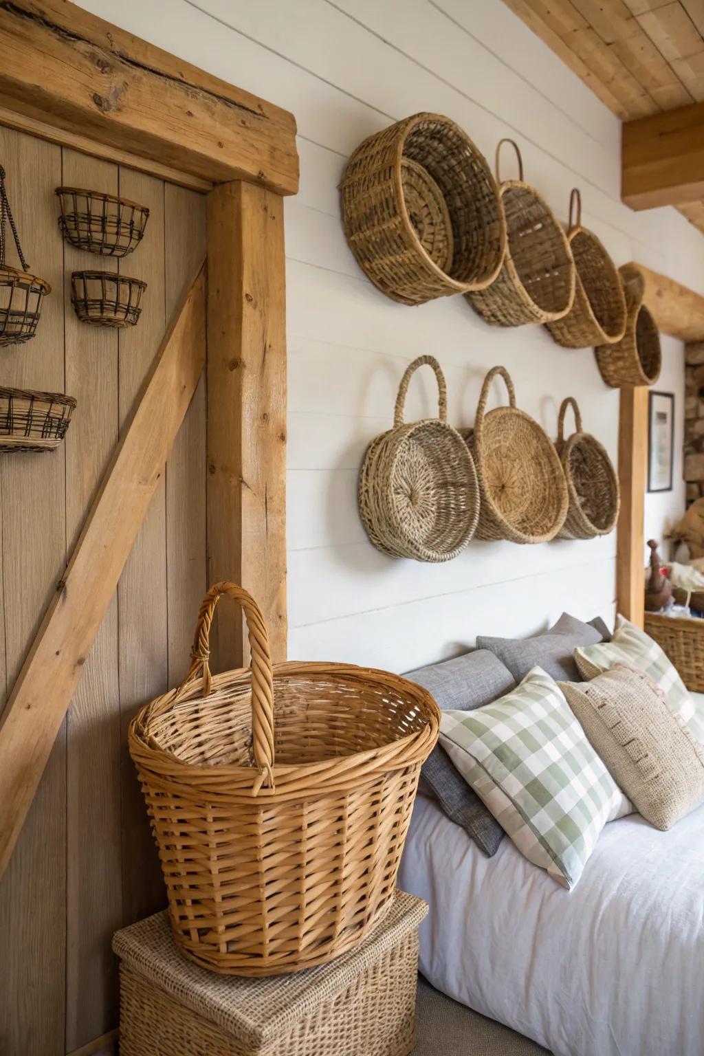 Woven baskets introduce rustic texture.