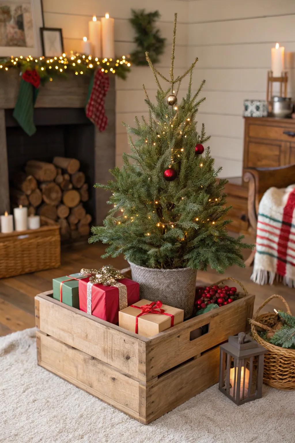 A hand-hewn crate adds a rustic base to this charming Christmas tree.
