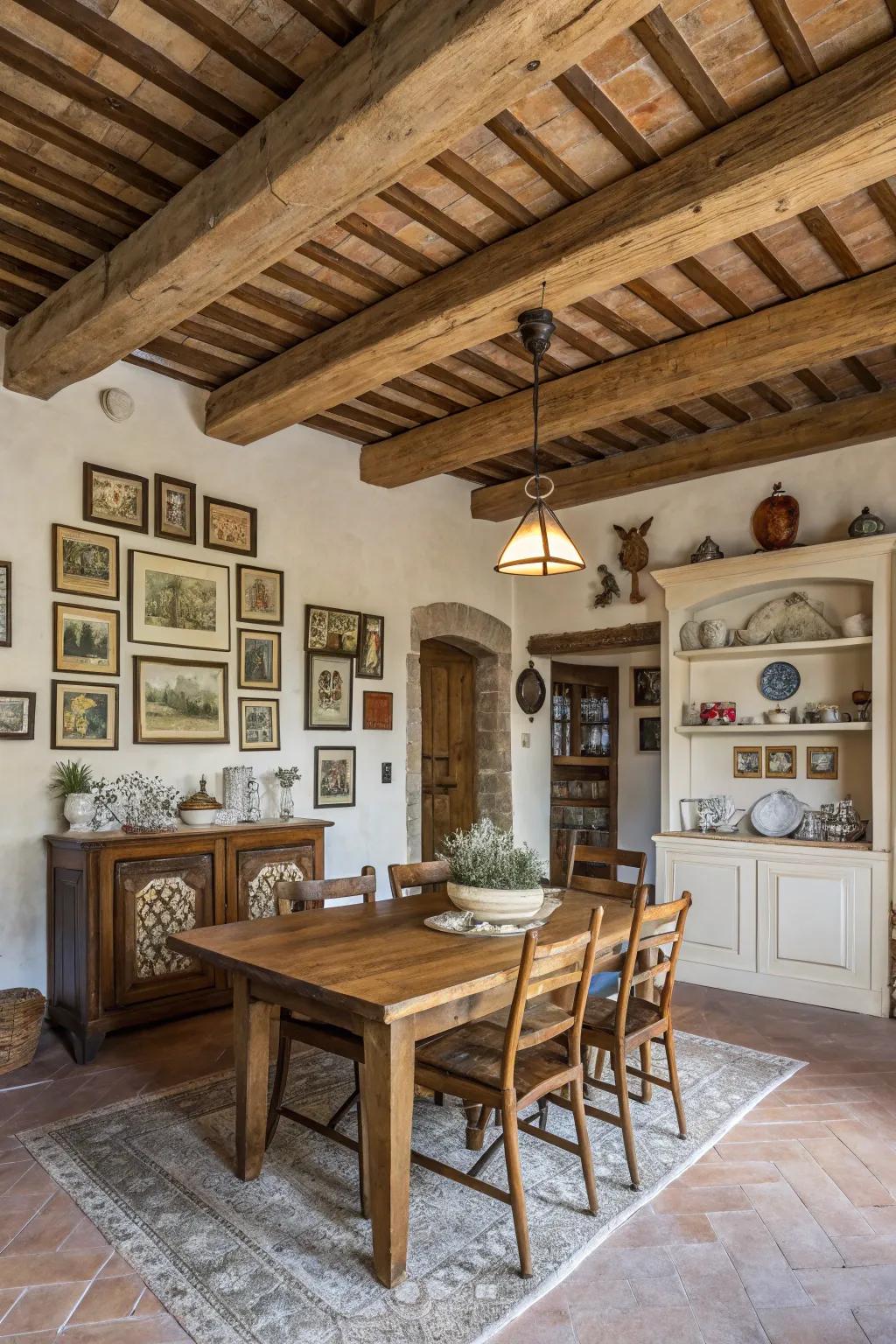 Visible beams enhance visual interest and countryside charm within this dining area.