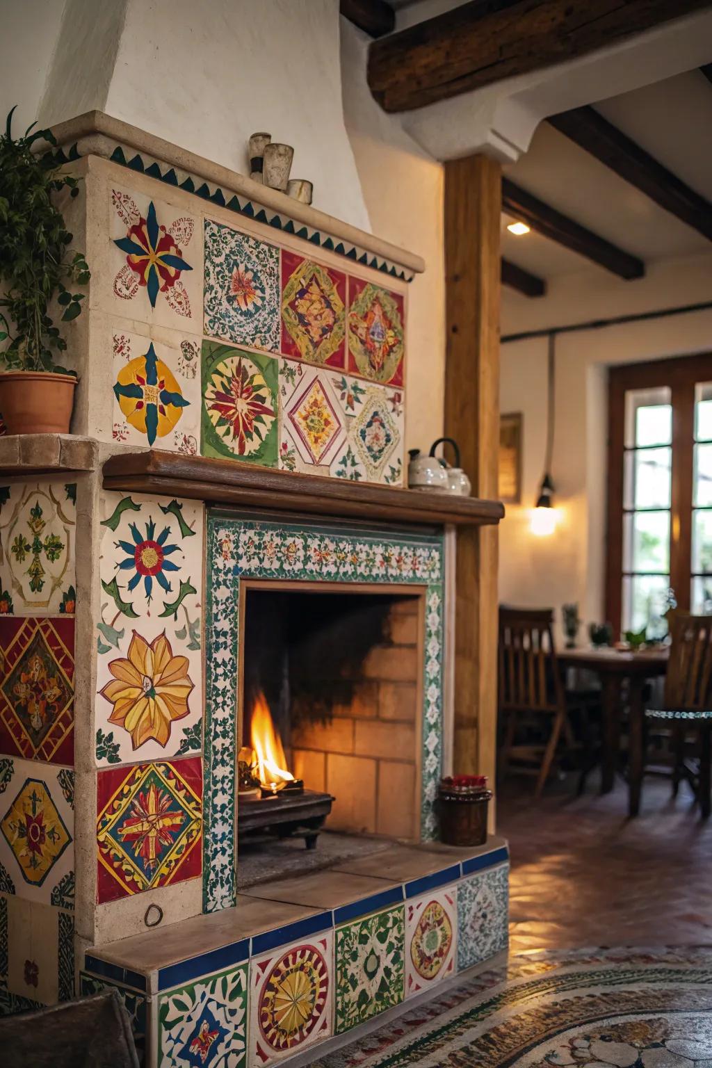 Fancy patterned tiles inject style into a farmhouse fireplace.