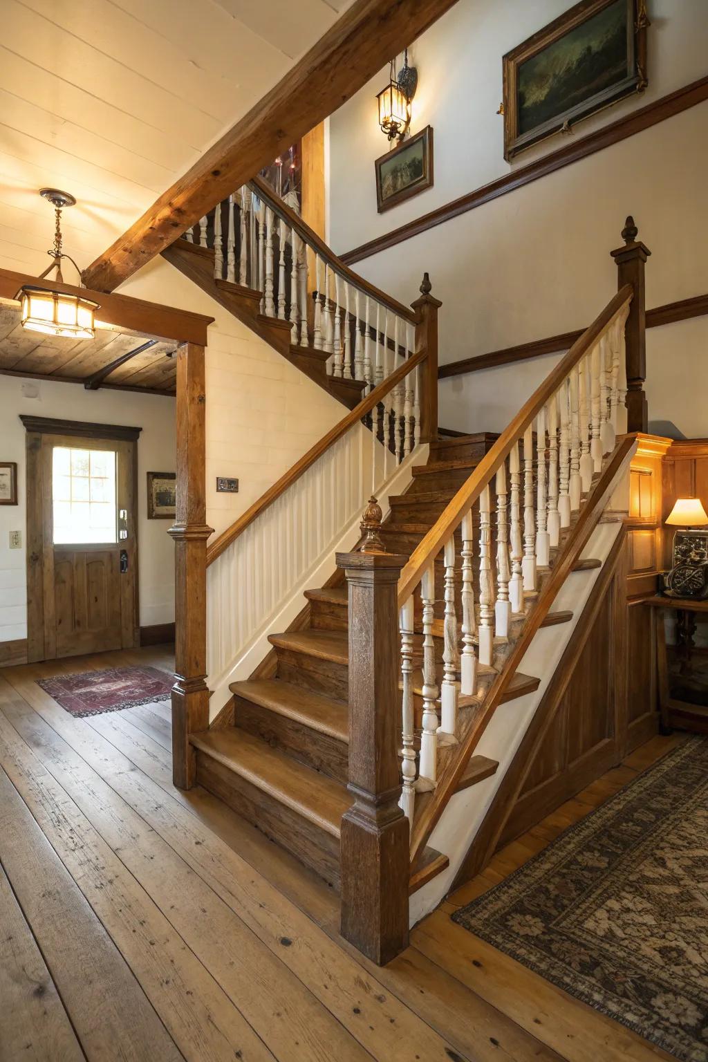 An elegant farmhouse staircase with decorative spindles.