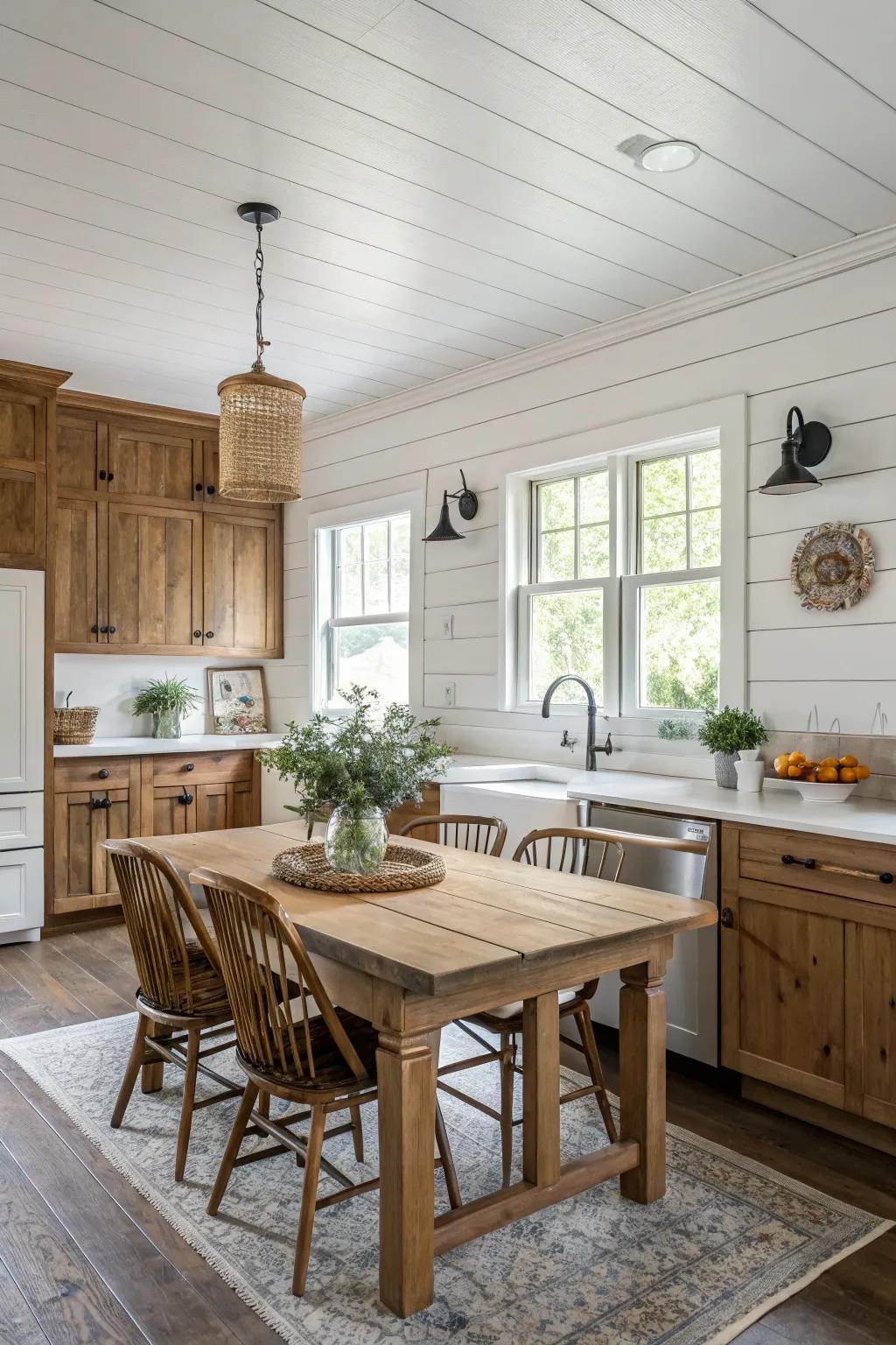 A farmhouse kitchen featuring a white shiplap backsplash for a rustic ambiance.