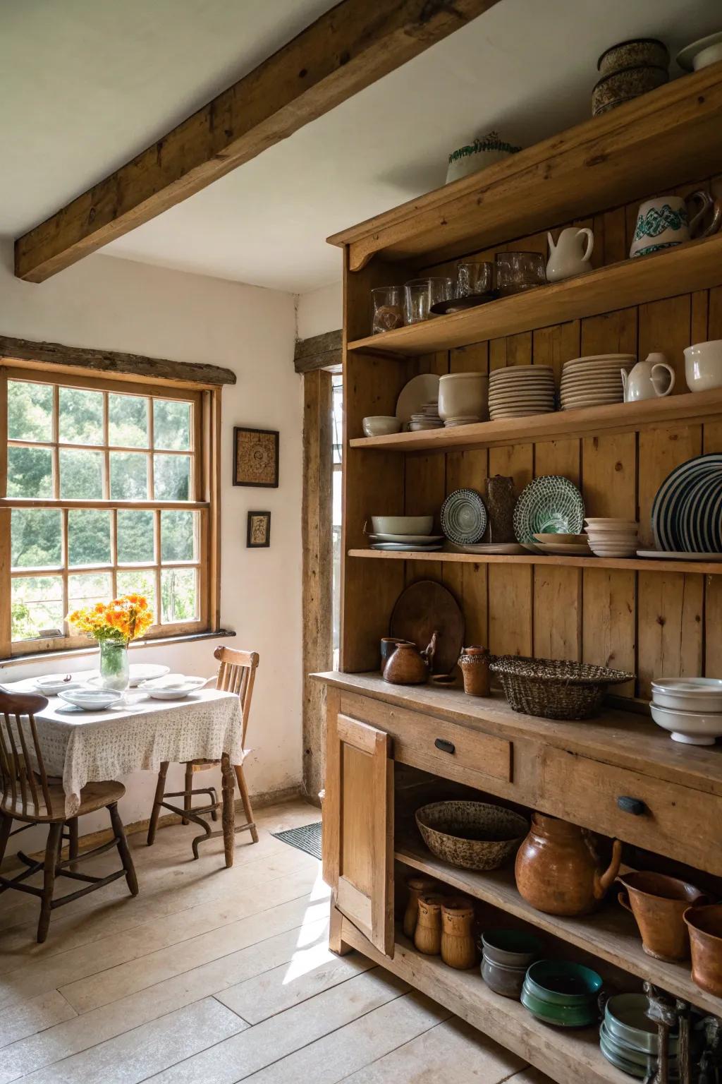 A farmhouse kitchen furnished with open wooden shelves displaying tableware.