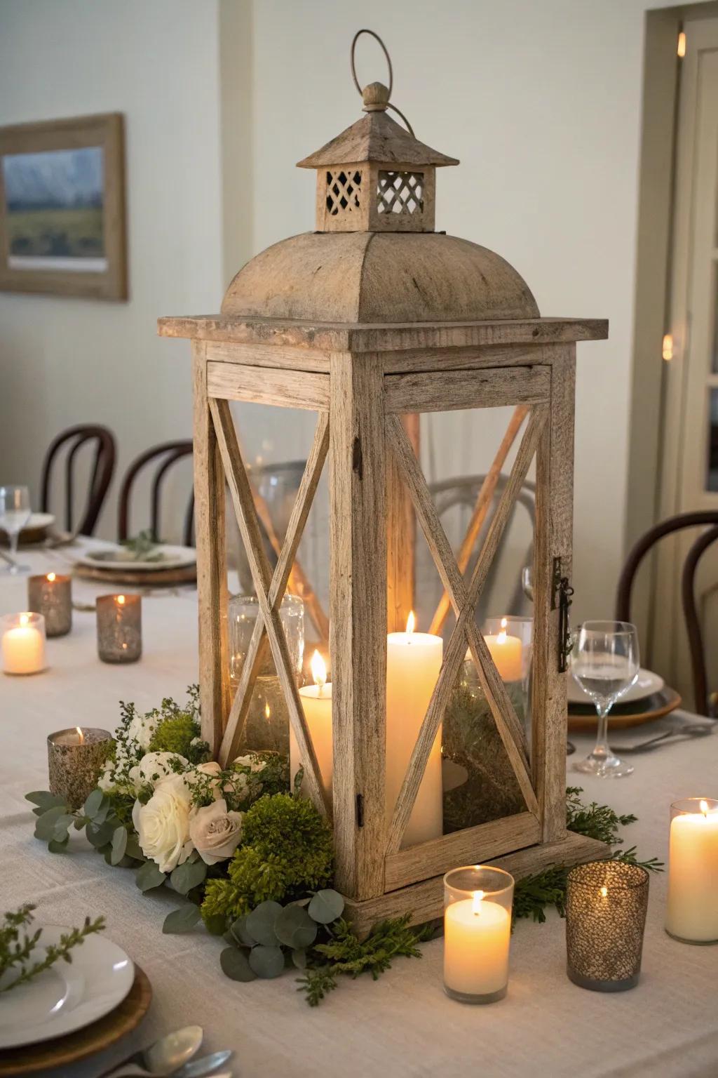 A lantern can function as a conspicuous table centerpiece.