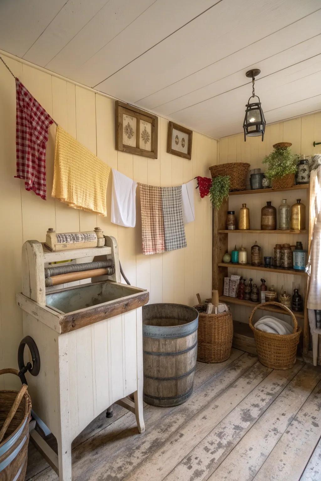 Classic signs contribute persona and allure to this snug laundry area.