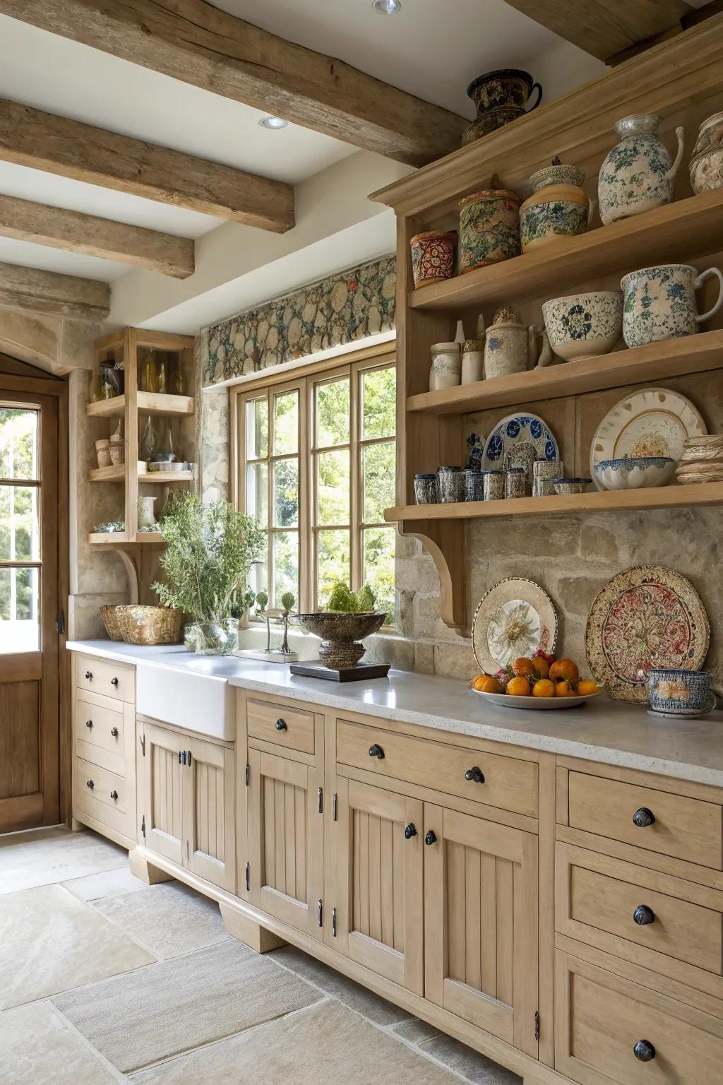 Open shelves alongside light-toned wood units establish a sense of space.
