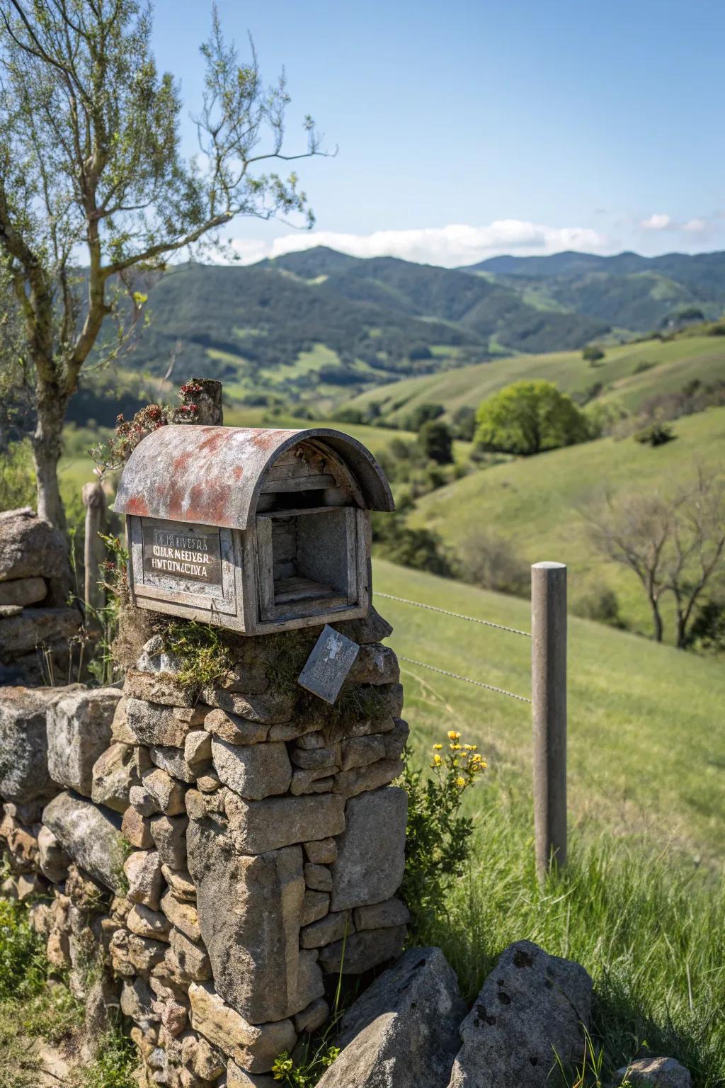 A farmhouse letterbox elegantly nested within a quarry stone enclosure.