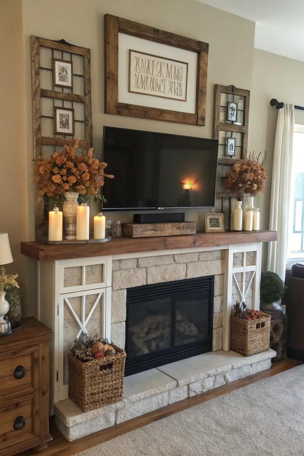 A flawlessly balanced farmhouse mantel featuring a TV, displaying a symmetrical decorative scheme.