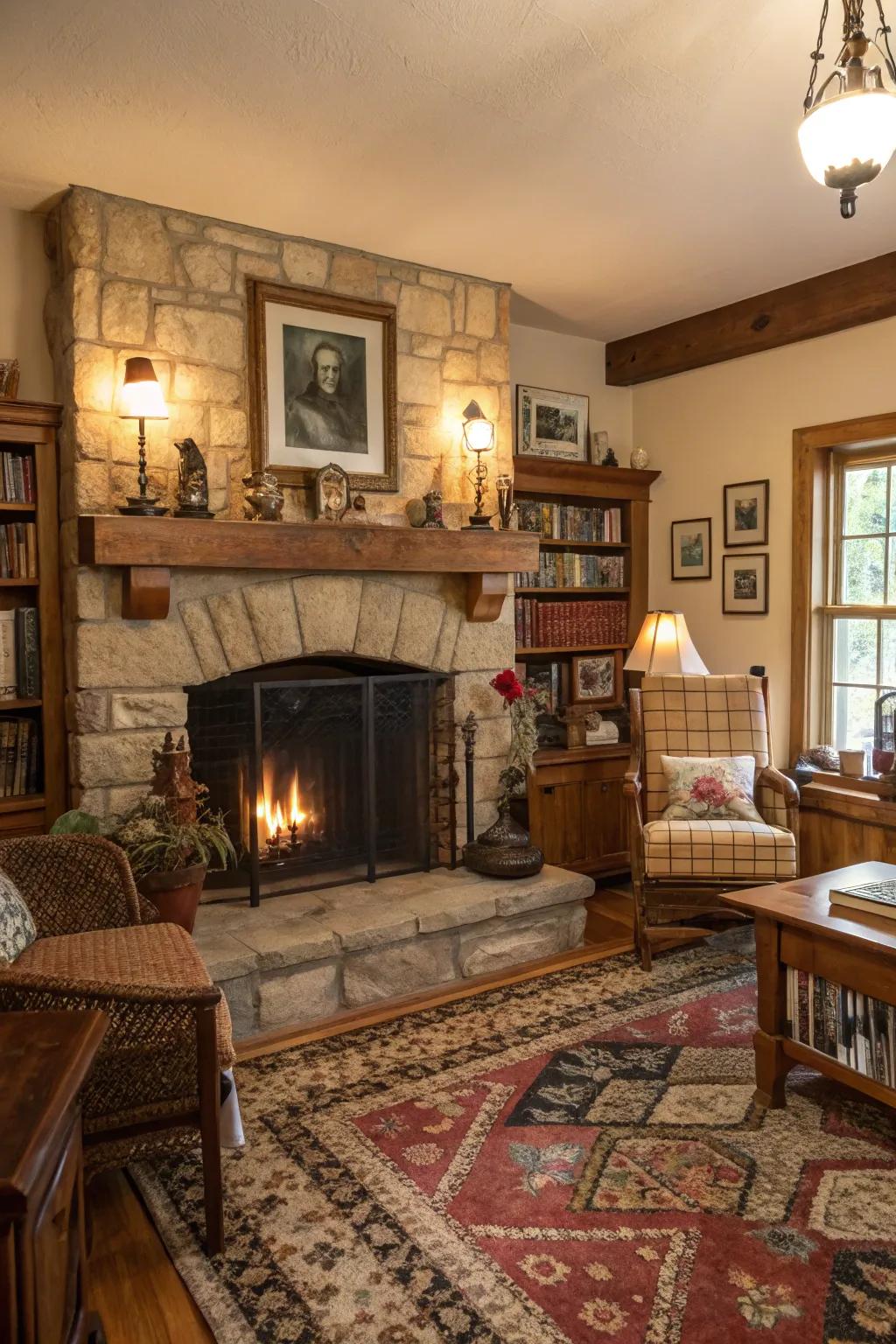 A radiant fireplace, the core of a farmhouse.