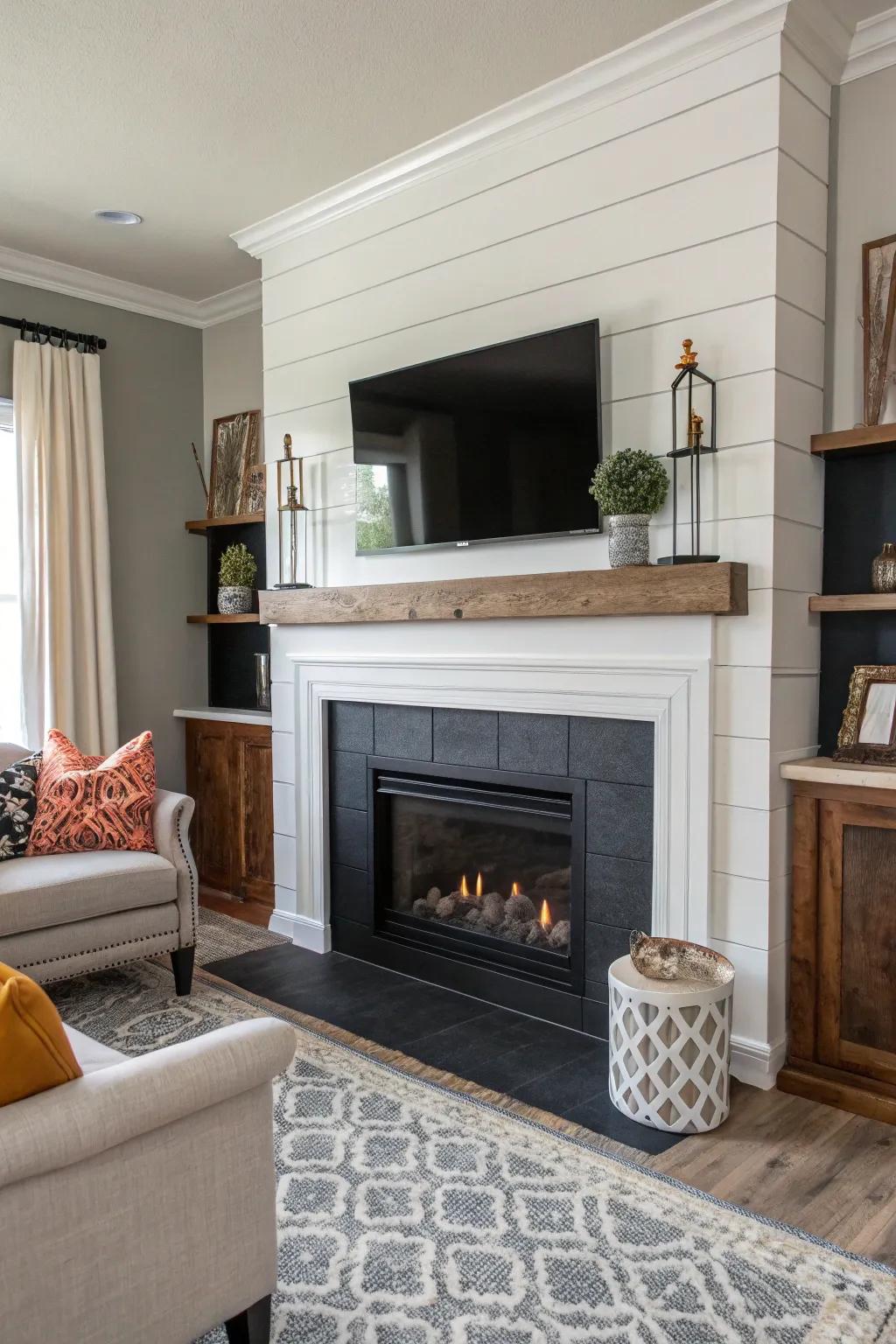 Dual-tone board and batten enriches your fireplace with dimension and contrast.
