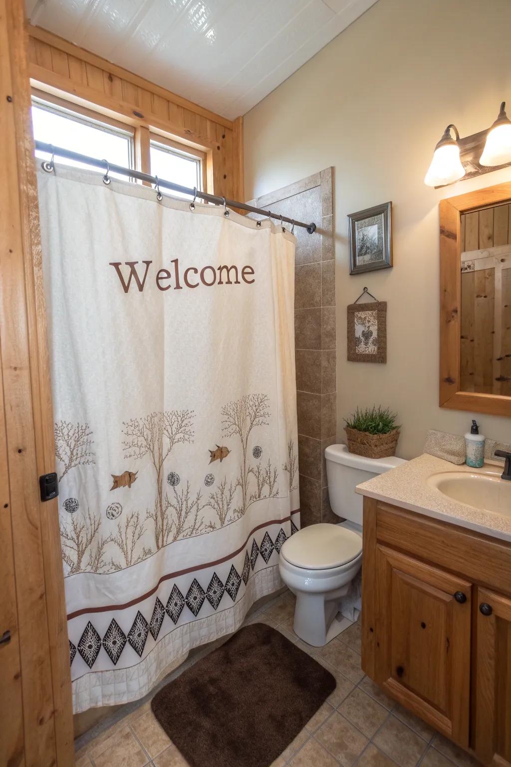 A bathroom showcasing a shower covering with warm and welcoming messages.