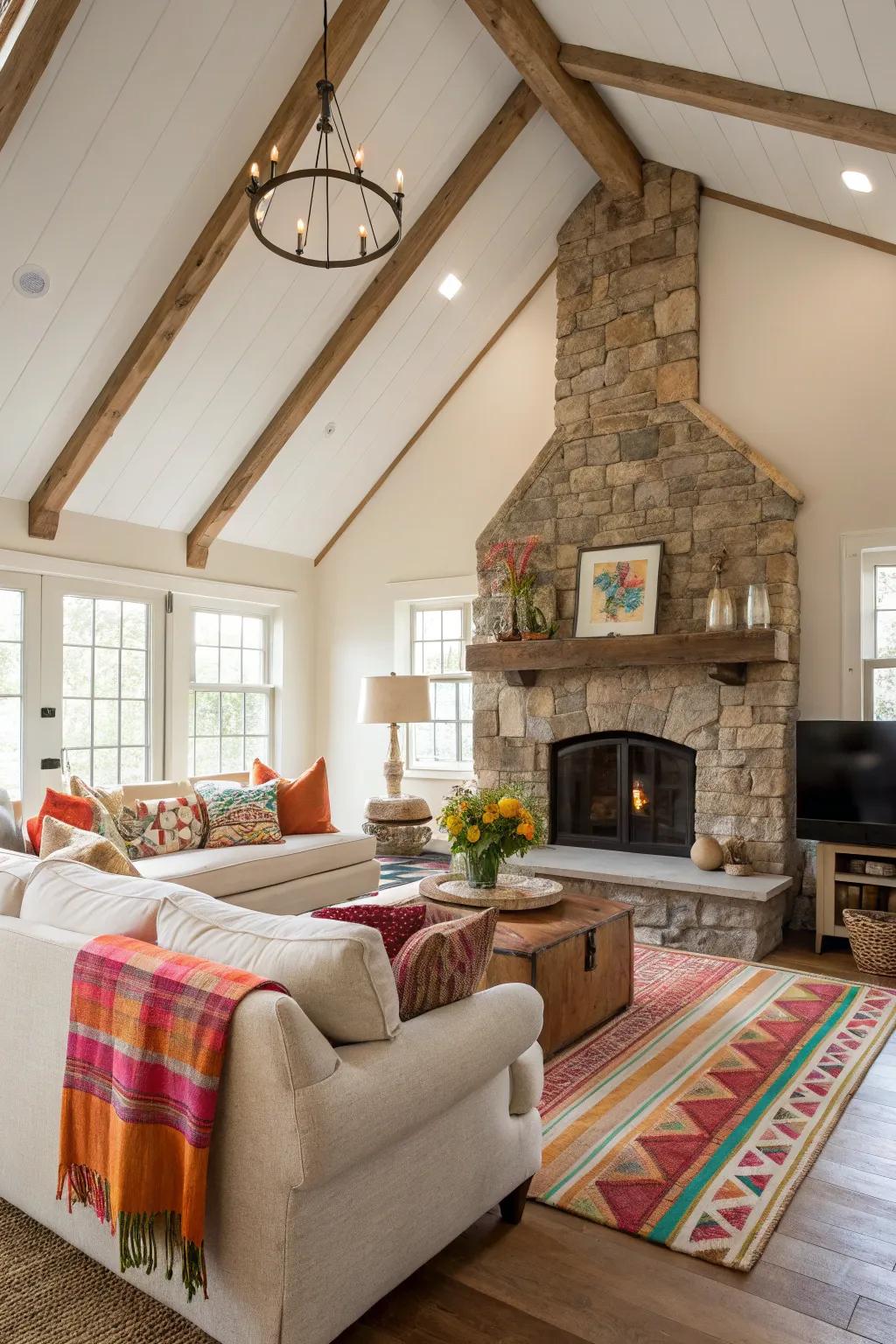 A subdued living area with colorful accents beneath a lofty ceiling.