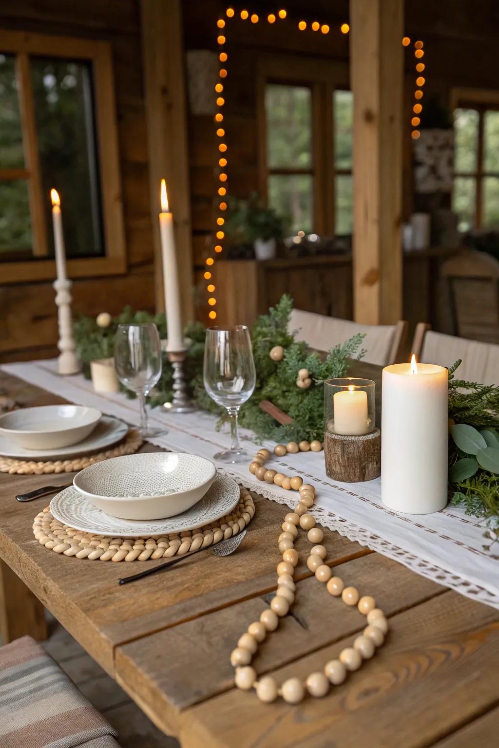 Bead strand as a centerpiece on a rustic tablescape.