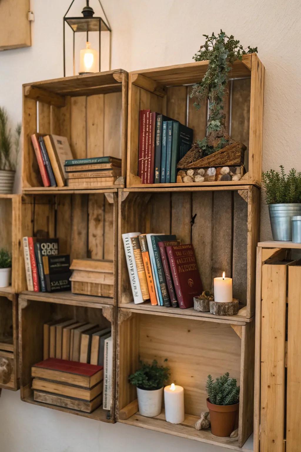 Creative shelving employing attached wood containers.
