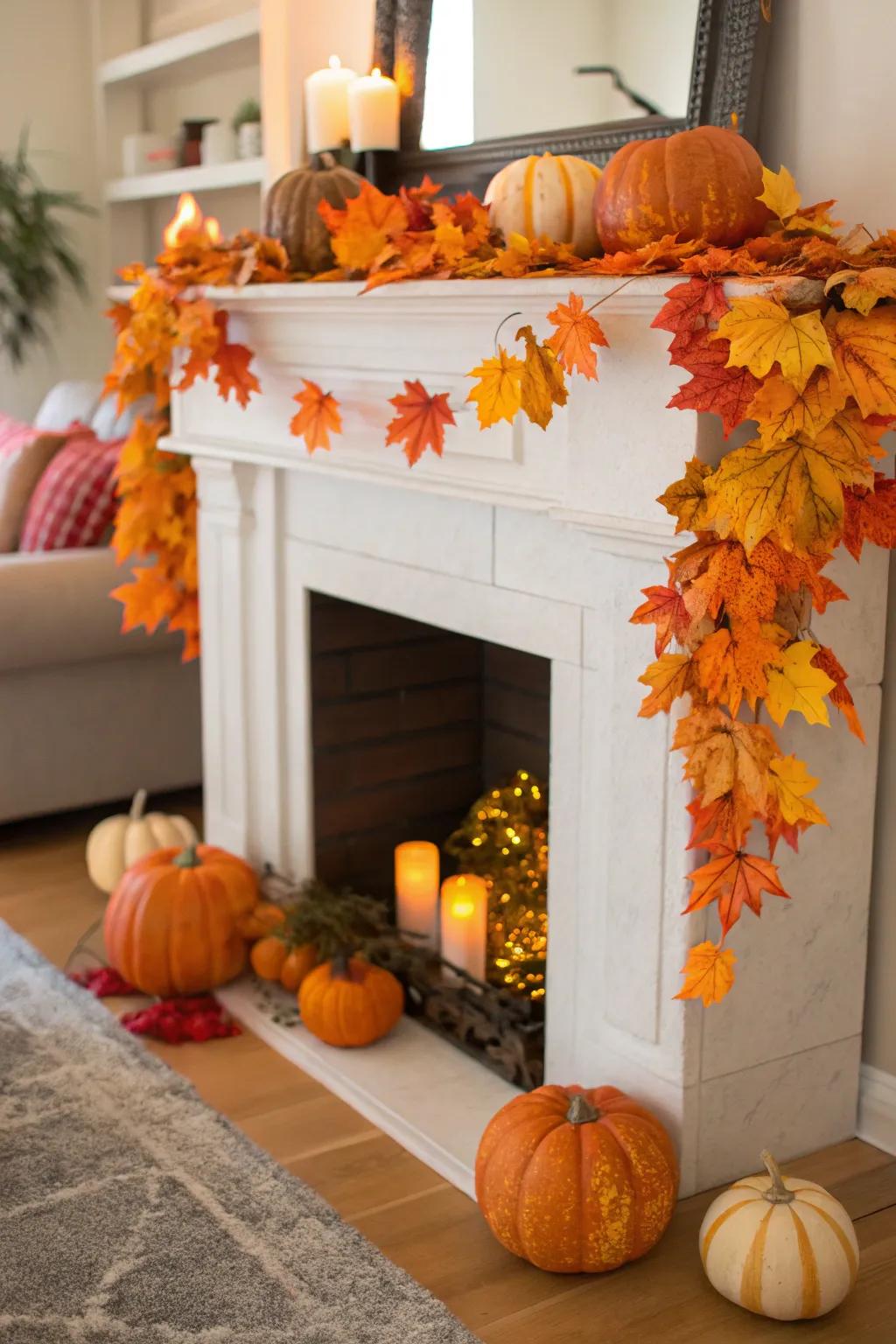 An imitation fireplace dressed in autumn decorations for a seasonal flair.