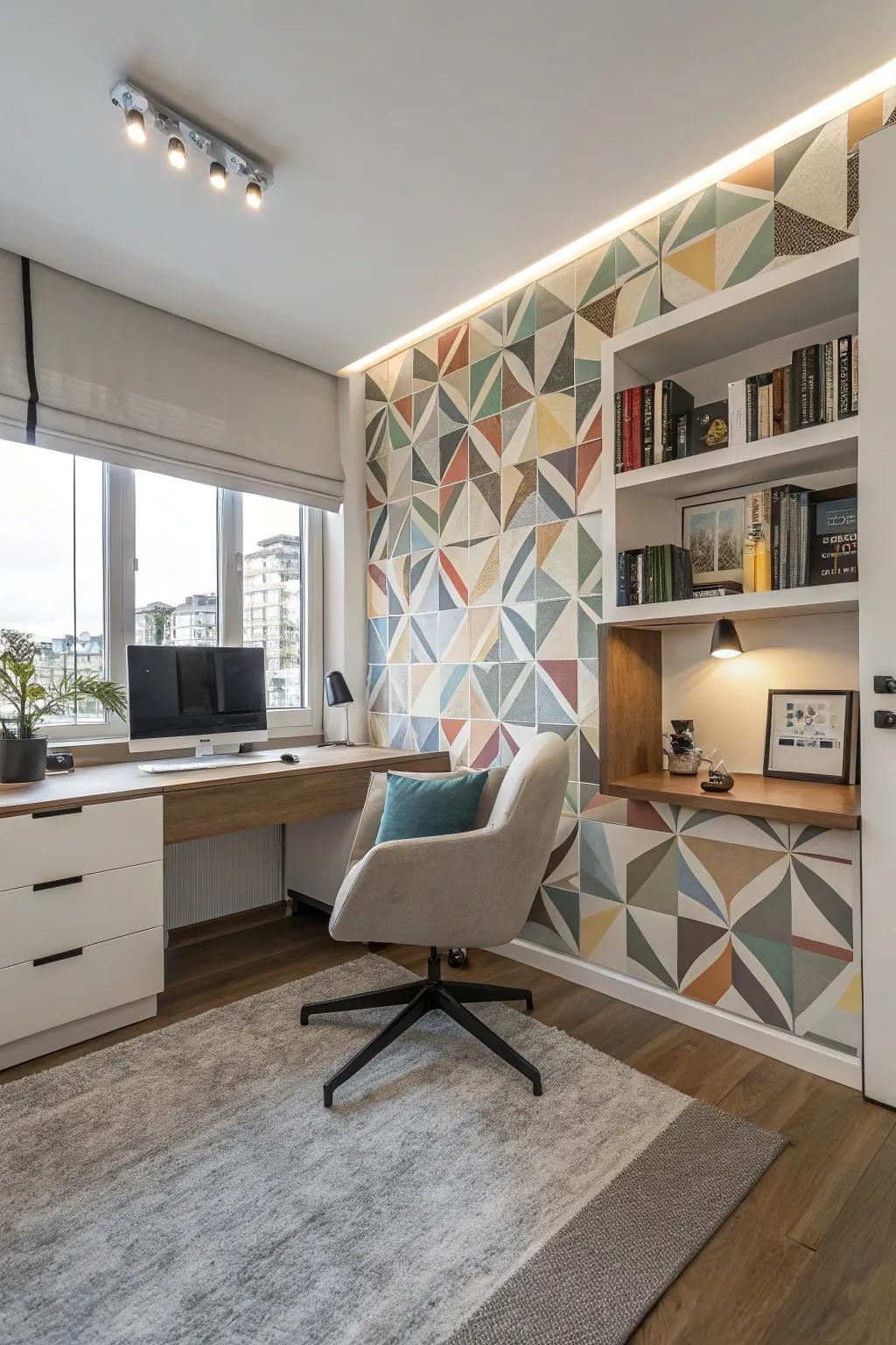 Geometric artistry injects a contemporary feel into this home office.