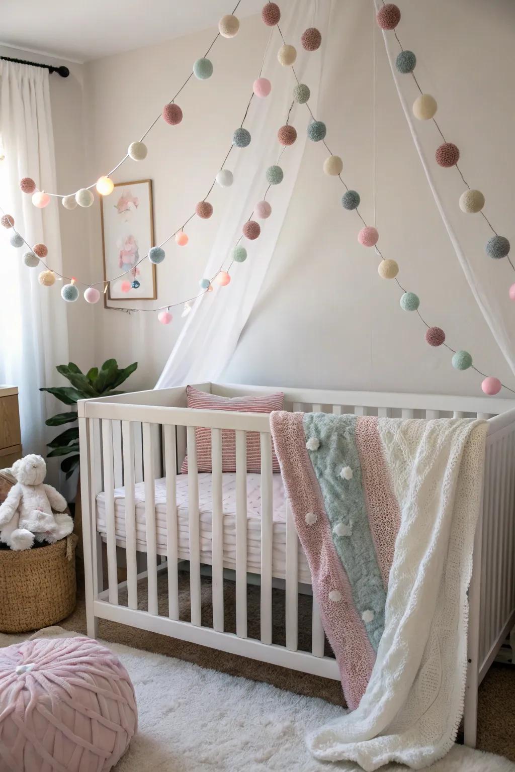 Pastel felt ball garlands cultivate a tranquil and enchanting ambiance in nurseries.
