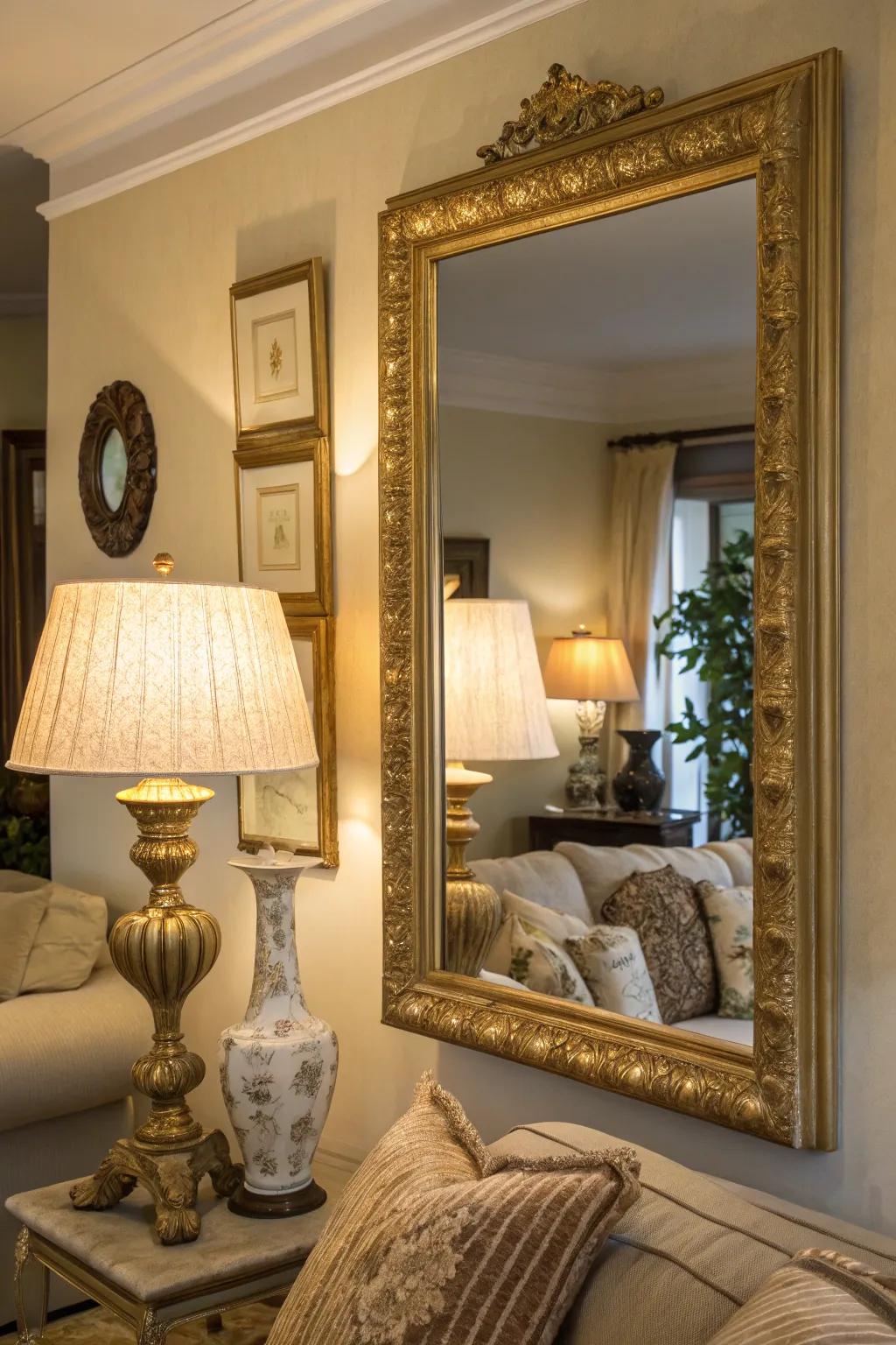 A fashionable living space showcasing a mirror with a gold frame and matching lamps.