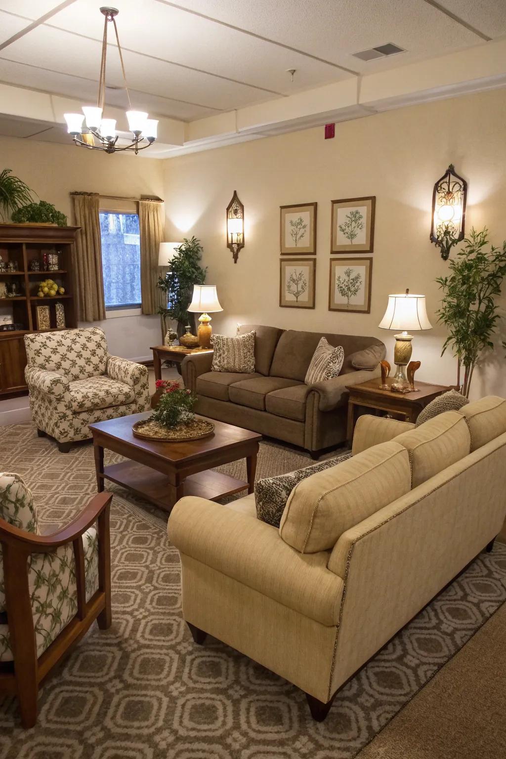 A balanced furniture plan encourages social interaction.