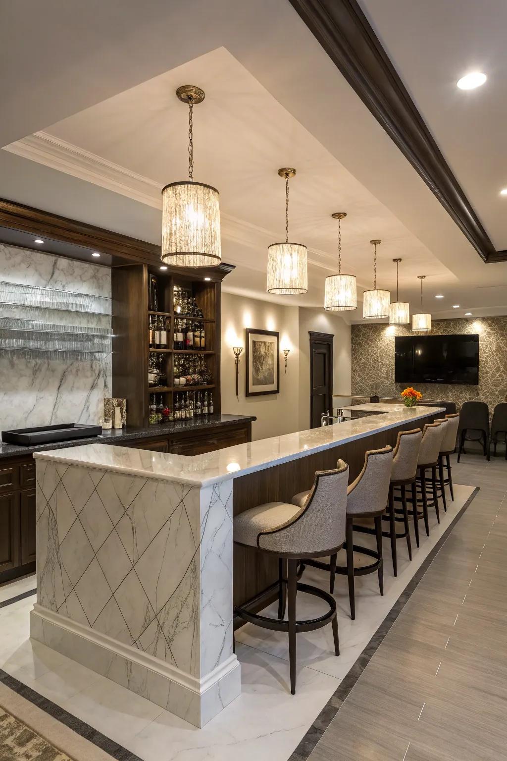 Achieve a refined, sleek appearance with a modern bar in your basement.