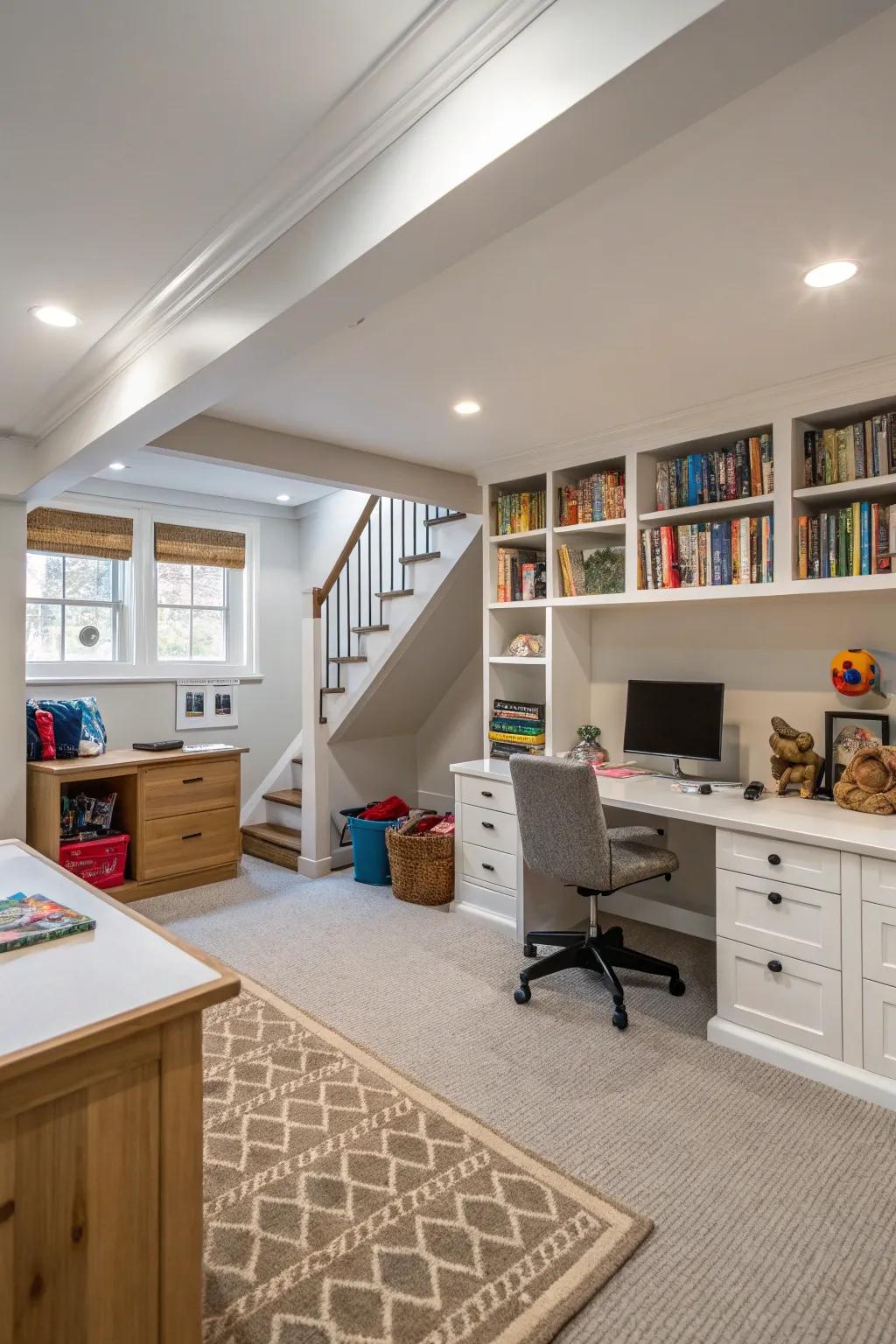 A flexible cellar area accommodates work and play.