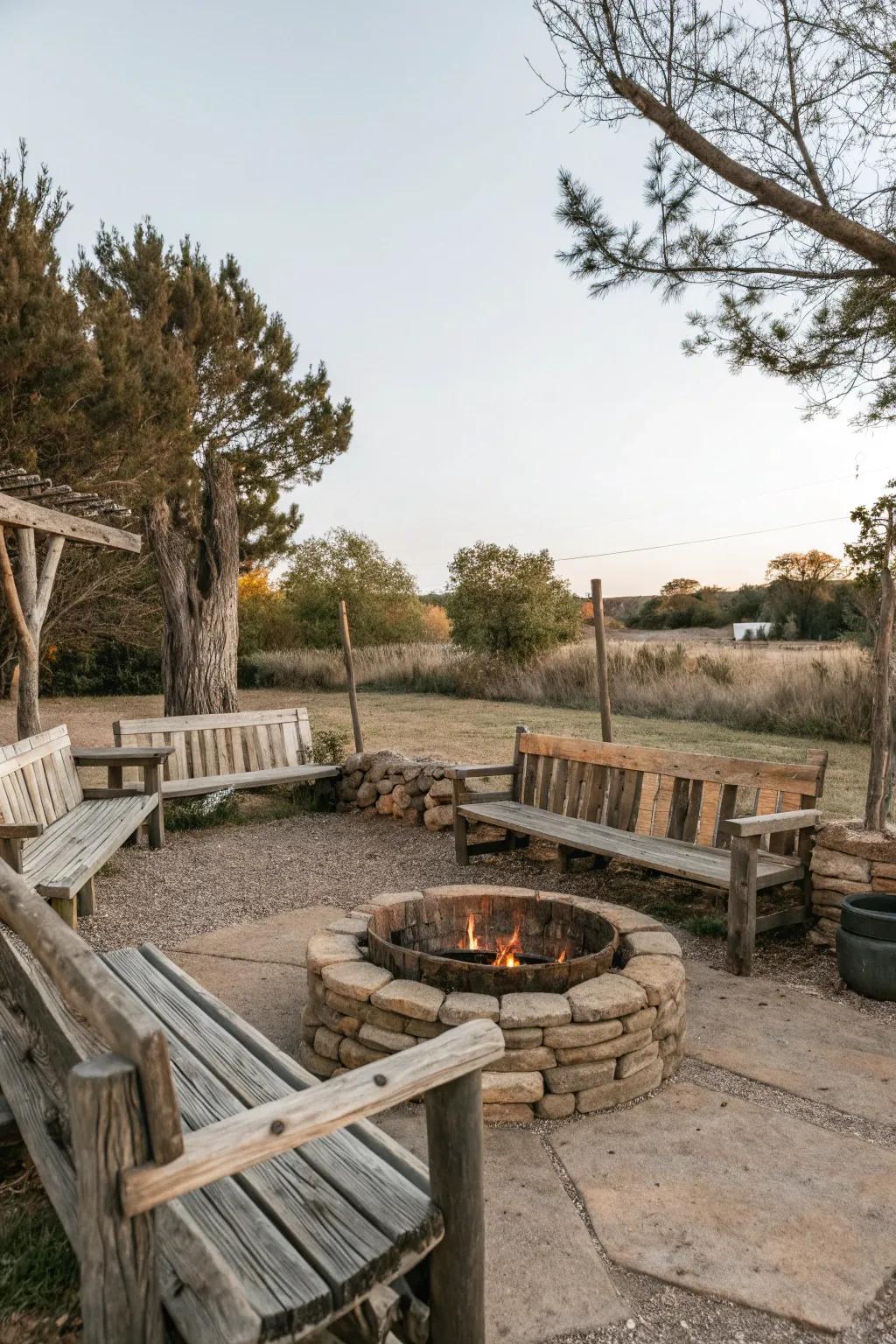 Earthy wooden benches offer a natural accent to the fire pit area.