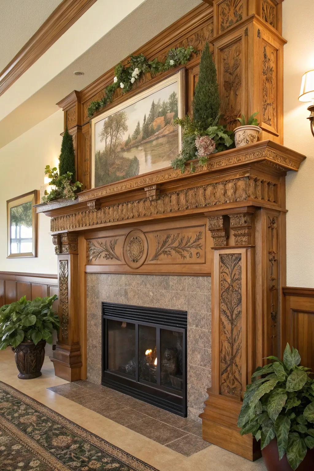 A prominent shelf acts as a striking display space atop the fireplace.