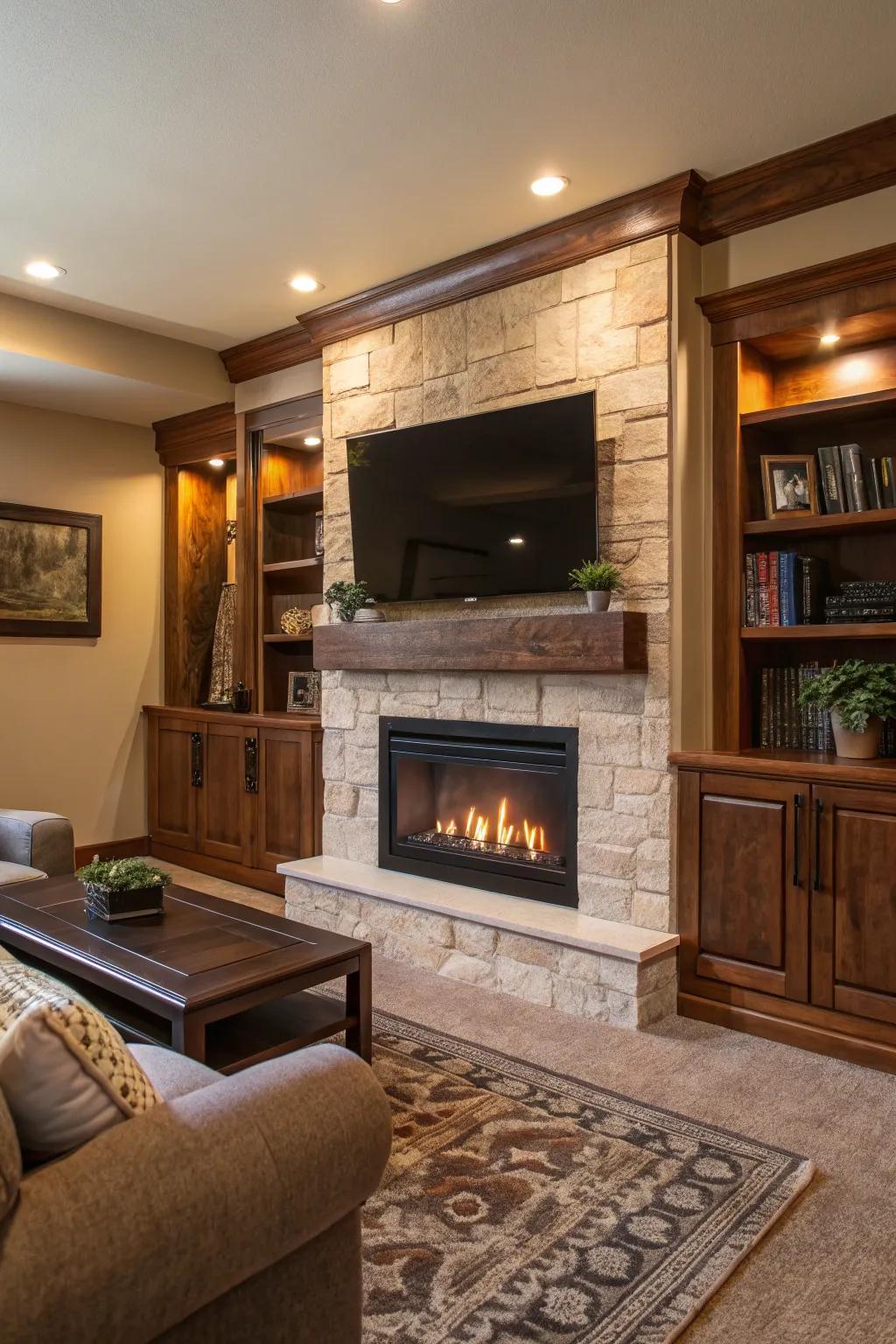 Design an integrated entertainment space with a TV above the fireplace.