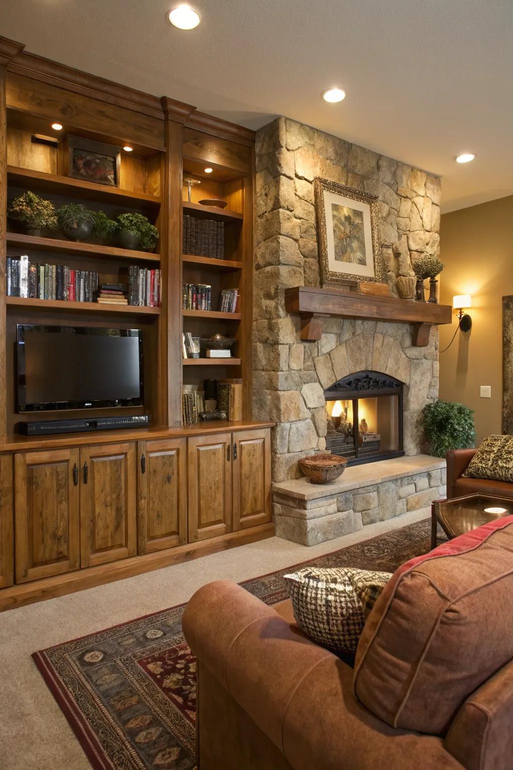 Earthy timber cabinets infuse warmth and texture into your fireplace area.