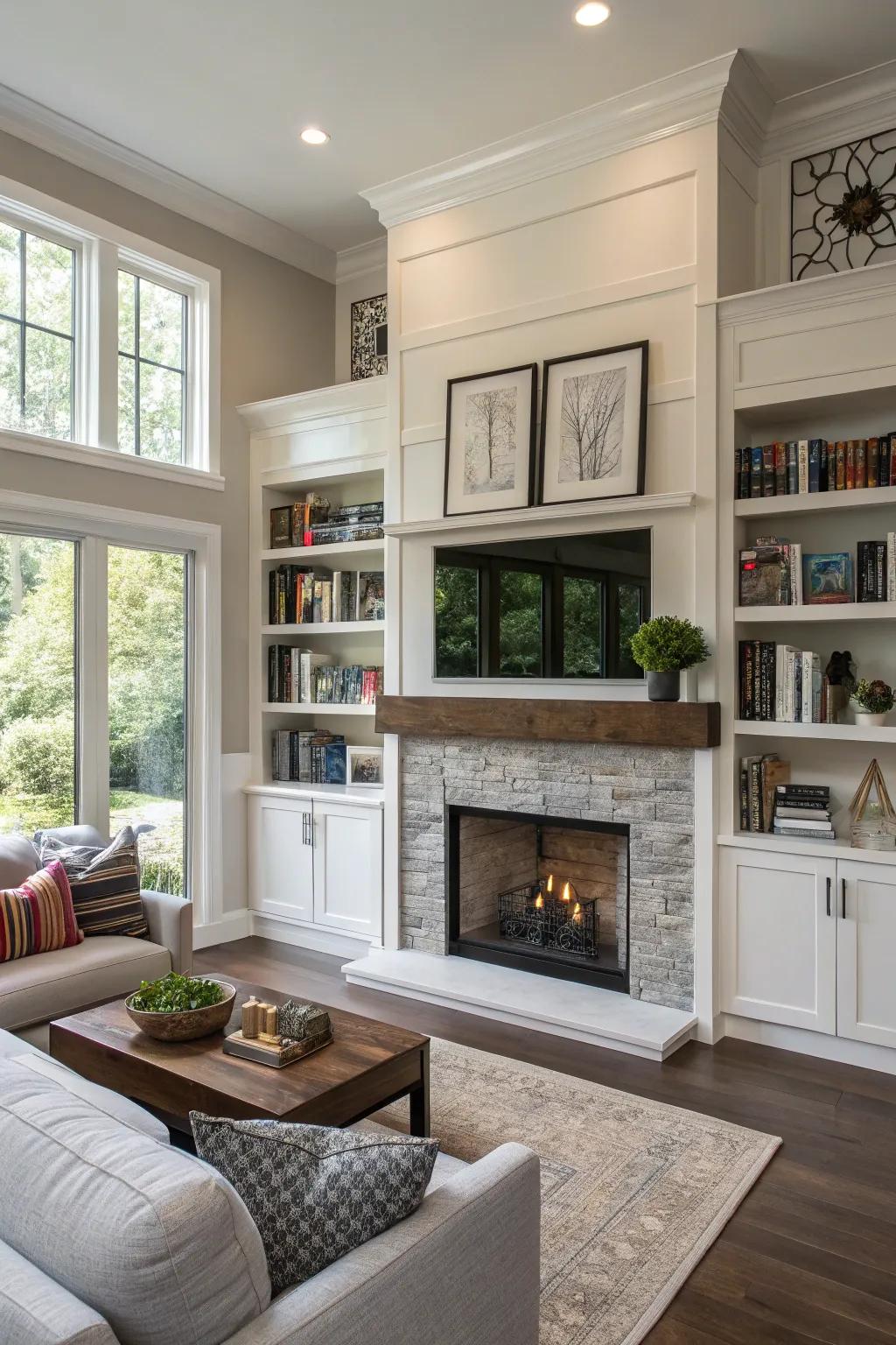 A modern living space showcasing a fireplace with fitted shelving for added usefulness.