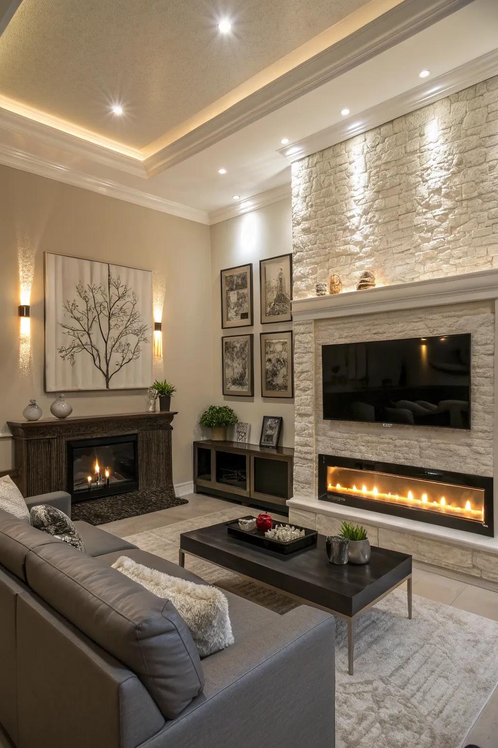 A living area illuminated by accent lighting on a fireplace wall with a TV.
