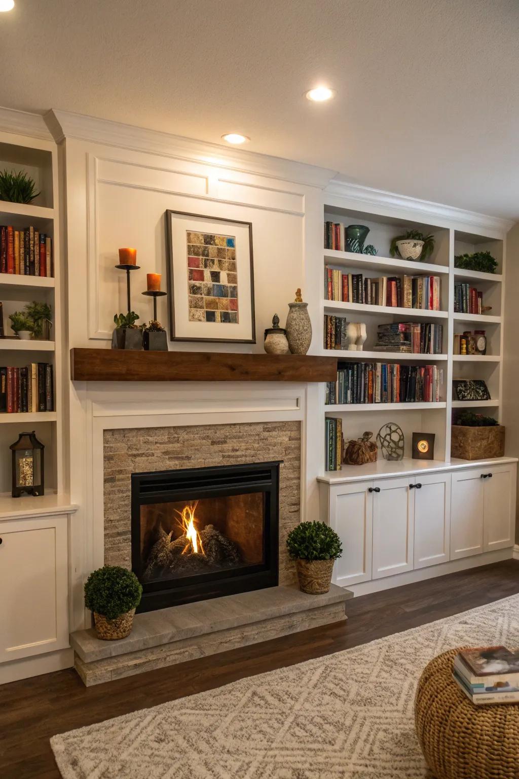 Integrated shelving encircling the fireplace for increased storage and aesthetic appeal.