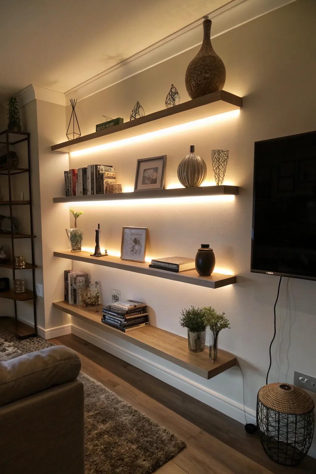 Accent lighting enhances floating shelves