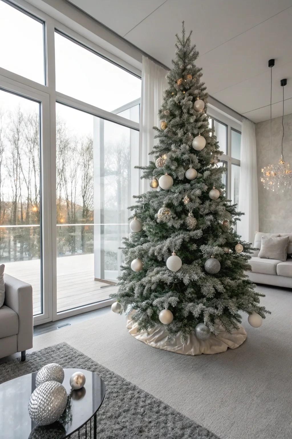 An understated and refined flocked Christmas tree with neutral colors.