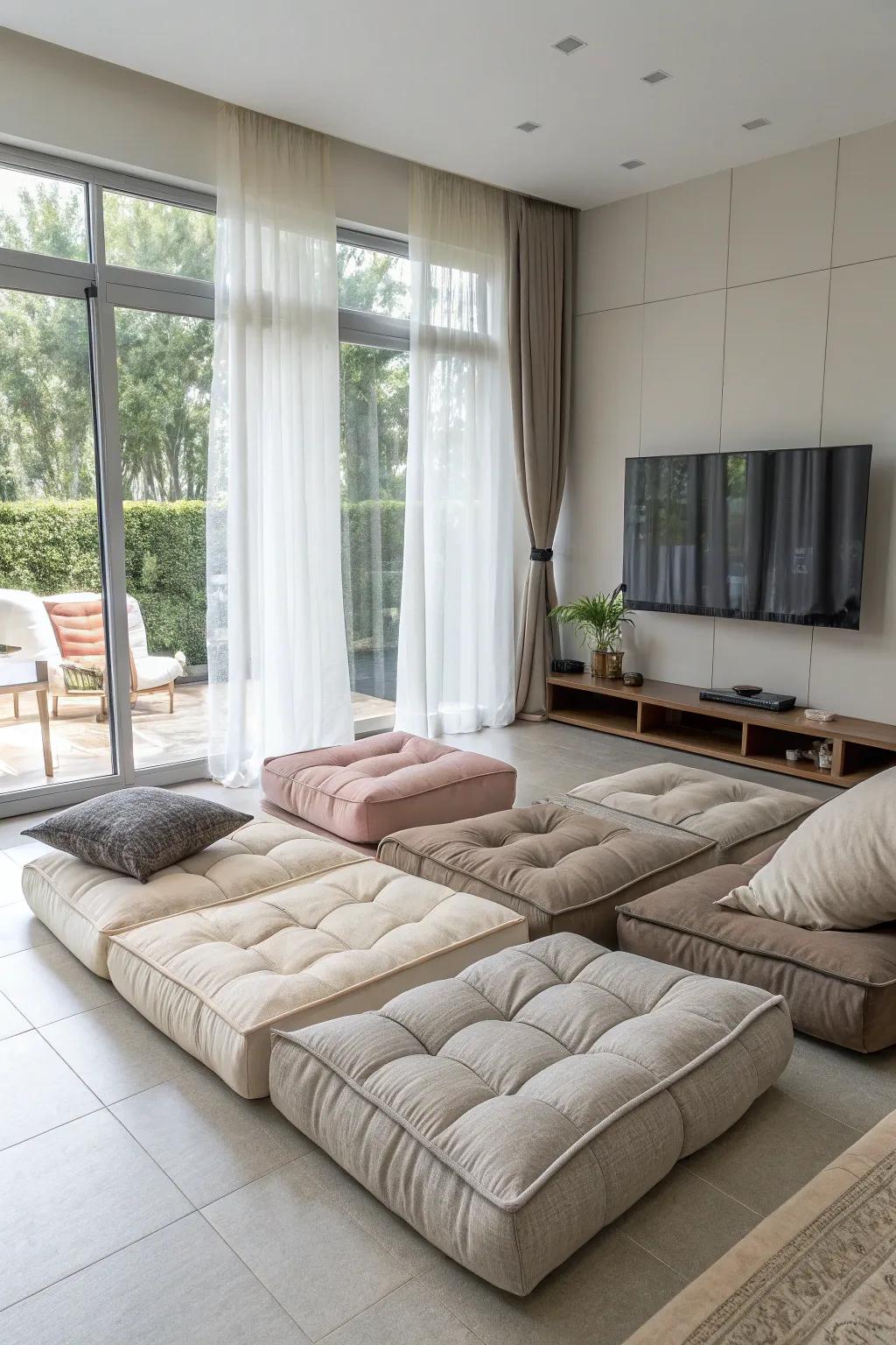 Modular floor seating provides flexibility and contemporary flair.