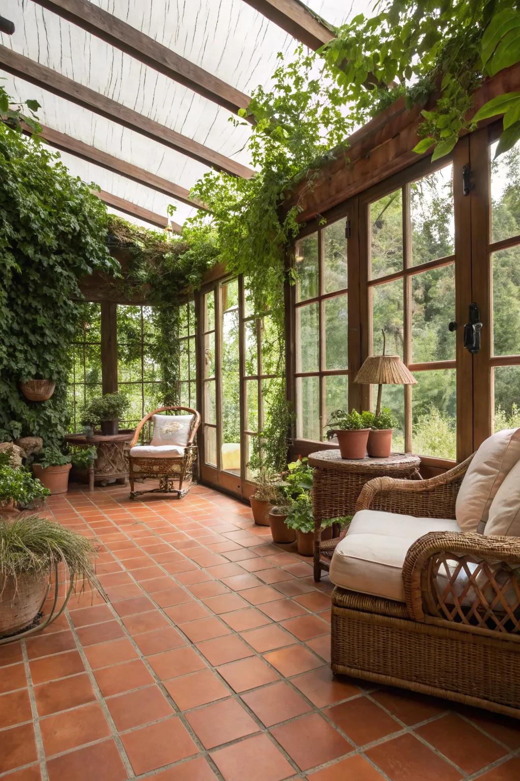 A sunroom featuring warm earthenware tile flooring.